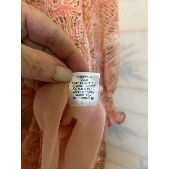 Joy Joy Women’s Blouse Pink Abstract Print Ruffle Neck Long Sleeve Lined Boho M - Picture 7 of 8